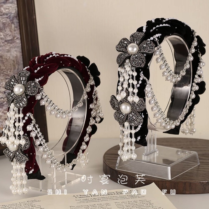 Good Floral & Wedding Decor Supply - エスニックフローラルベルベットヘッドバンド、取り外し可能なパールタッセル付きワイドヘアフープ、ヴィンテージ風額飾り、ダンスパーティーヘアアクセサリー